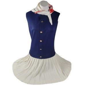 Vintage 1970s Sacony Ciella Blue Top White Pleated Skirt Dress Drop Waist EUC 16